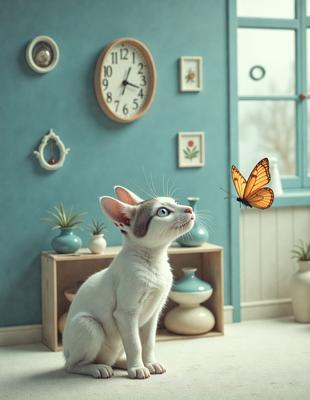 The primary subject of the image is a white cat sitting on the floor, looking up at a butterfly that is flying near it. The setting is a room with a blue wall, and the visual style appears to be a digital art or illustration. The colors in the image are predominantly white and blue, creating a calm and serene atmosphere.